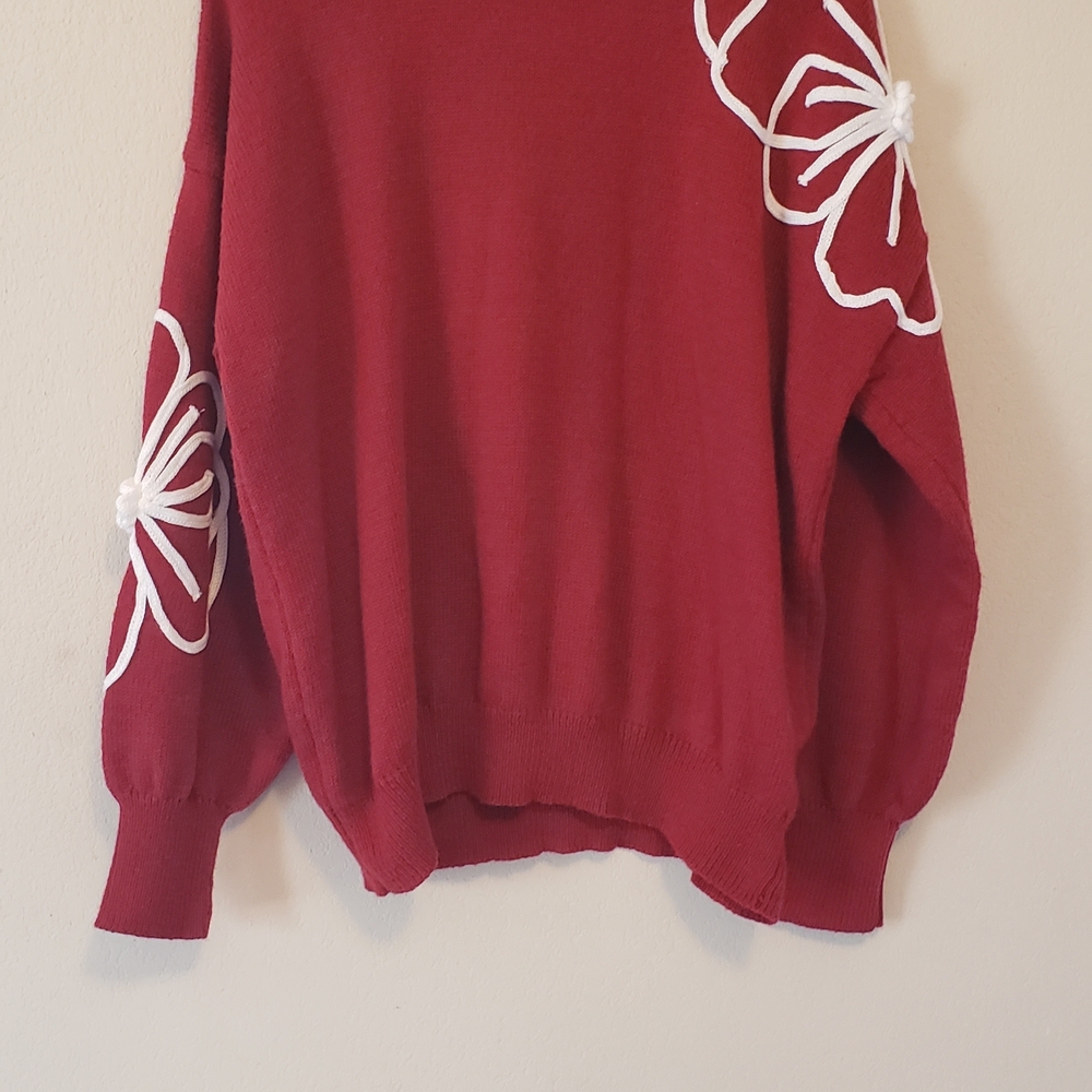 SHEIN Red Sweater with White Floral Design. Medium.‎ 3/4 Sleeve. Ribbed Cuffs.